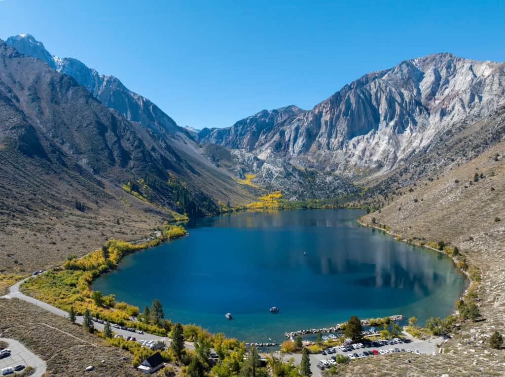Convict Lake reflecting Sierra Nevada peaks near Mammoth Lakes, California.