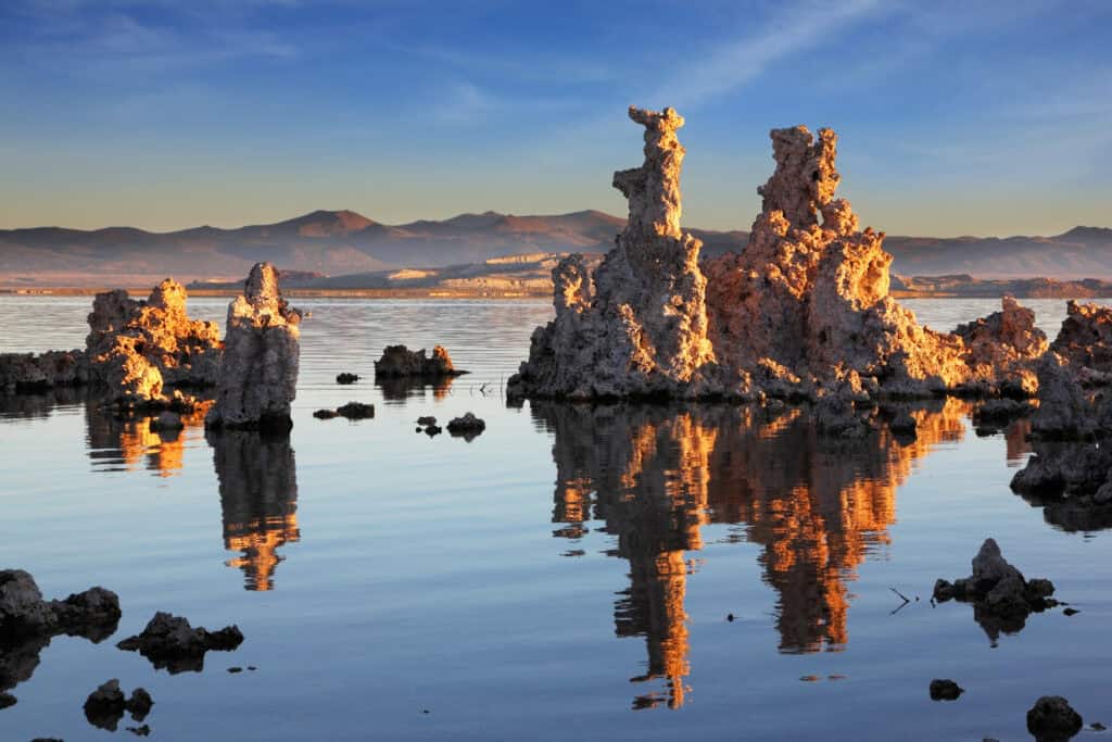 Tufa limestone towers rising from the shoreline of Mono Lake, California.