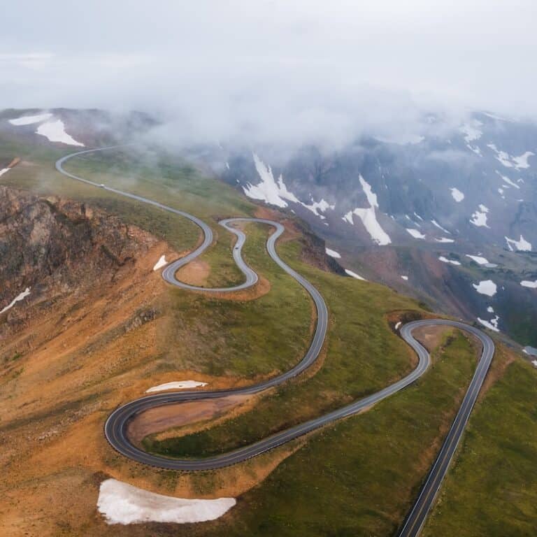 An aerial of the Beartooth Highway as it snakes its way across the Wyoming and Montana state lines.