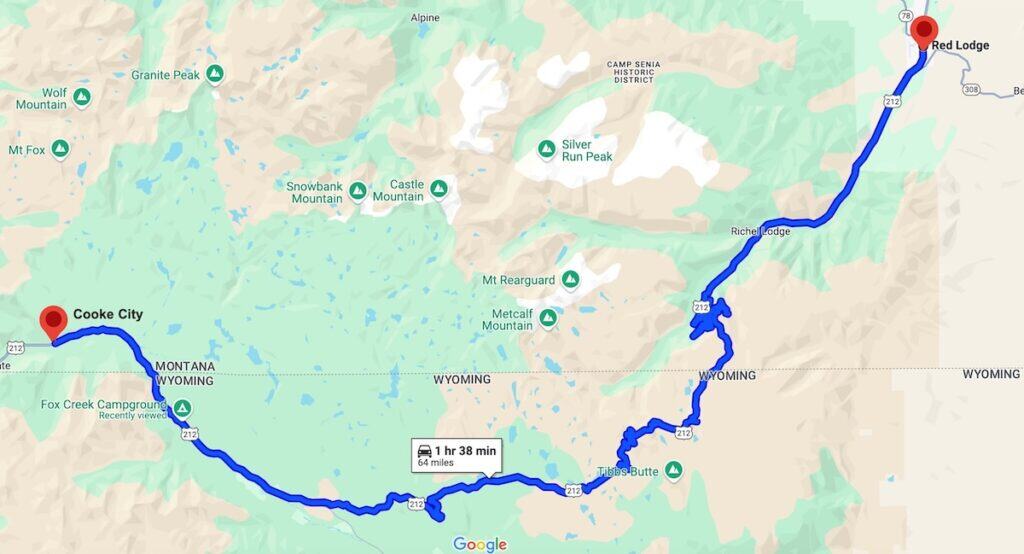 Map of the Beartooth Highway from Cooke City in the west to Red Lodge n the east