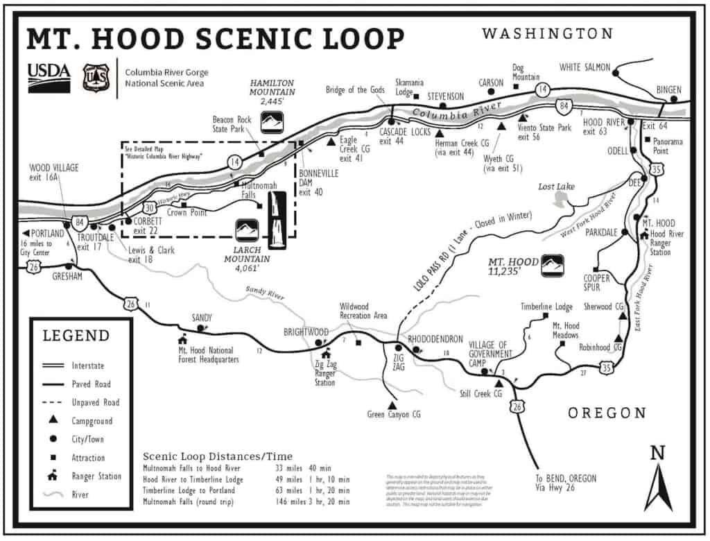 Map of the Mt. Hood Scenic Loop near the Columbia River Valley of Oregon