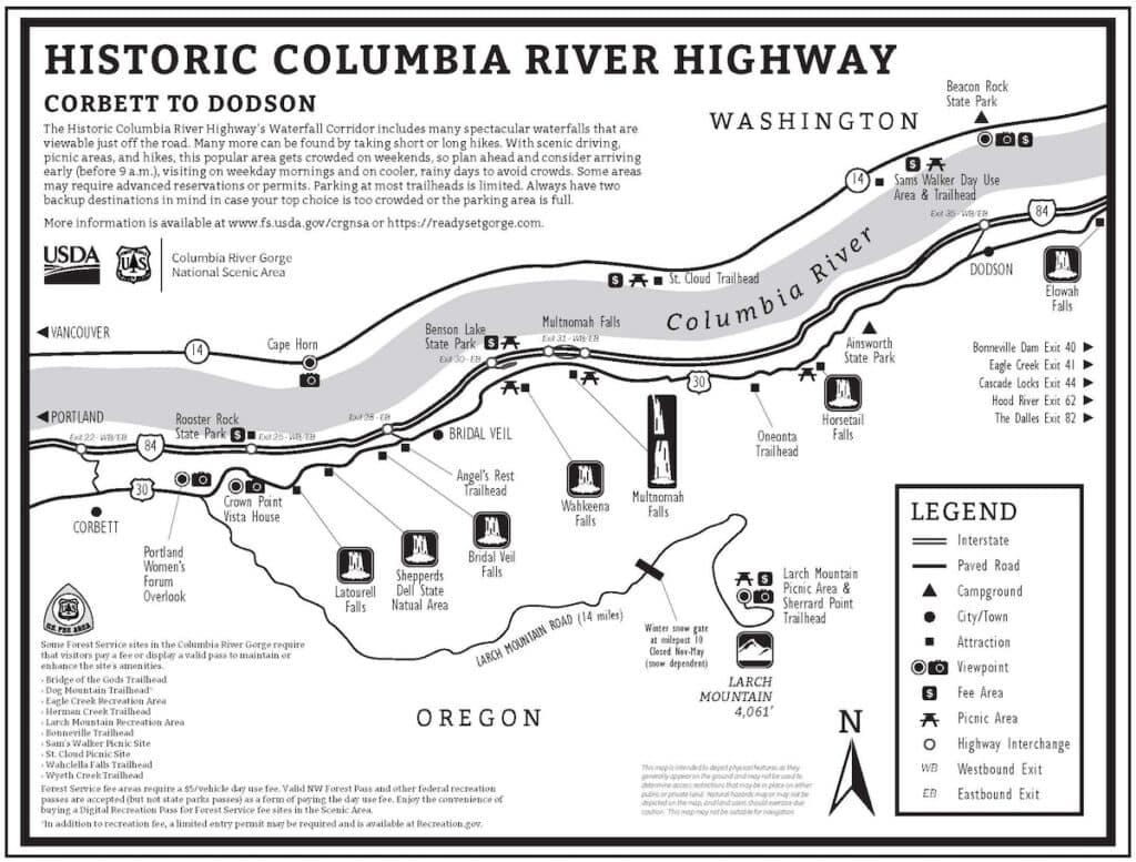 Map of the Historic Columbia River Highway - Corbett to Dodson in the Columbia River Valley of Oregon