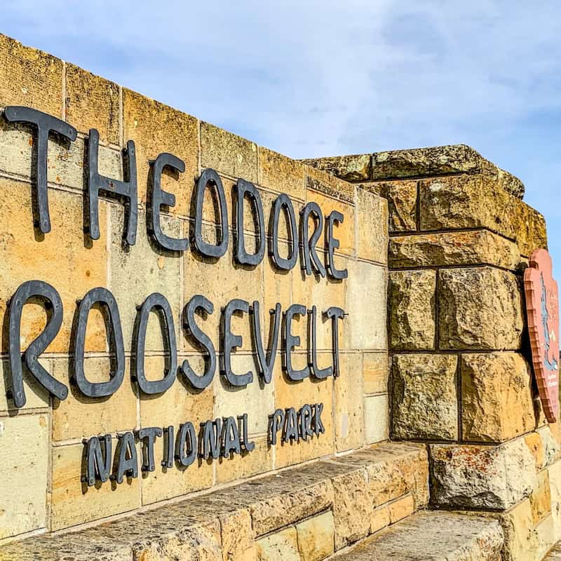 Entrance sign of Theodore Roosevelt National Park in North Dakota