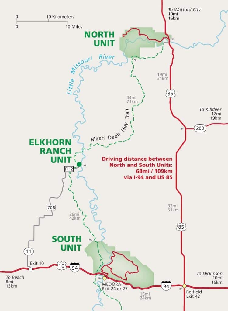 Regional map of western North Dakota showing the North and South Units of Theodore Roosevelt National Park