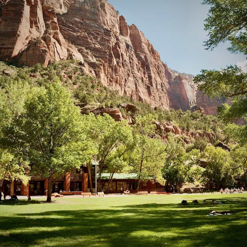 Zion Lodge front lawn in Zion National Park