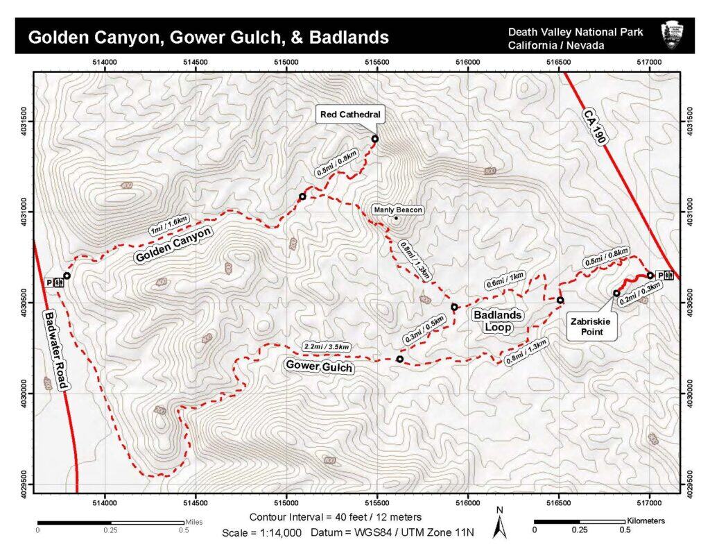 map showing trails of Gower Gulch and Golden Canyon in Death Valley National Park