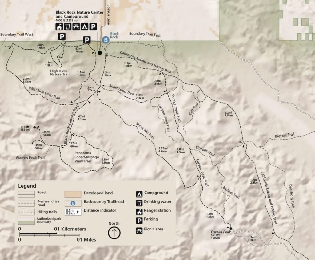 map of trails in the Black Rock area of Joshua Tree National Park