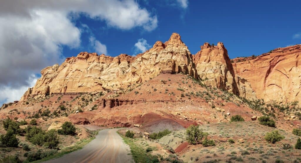 road of the Burr Trail as it approaches the steep Waterfold switchbacks in southern Utah
