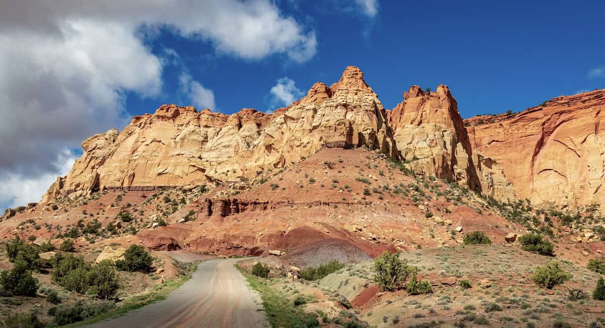 road of the Burr Trail as it approaches the steep Waterfold switchbacks in southern Utah