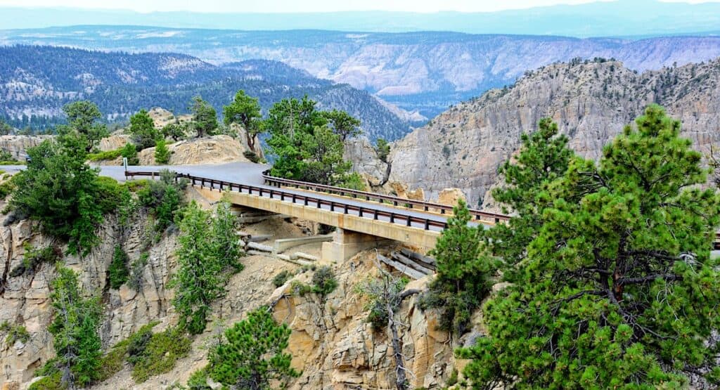 a bridge spans a narrow precipice along Hell's Backbone Road in southern Utah