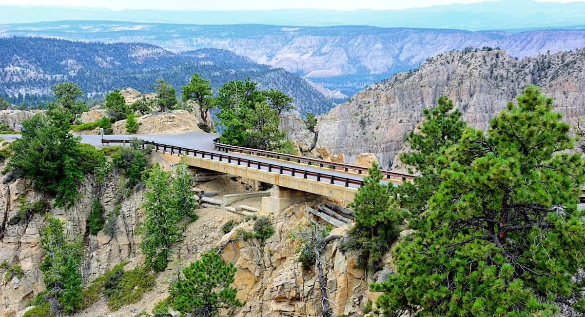 a bridge spans a narrow precipice along Hell's Backbone Road in southern Utah