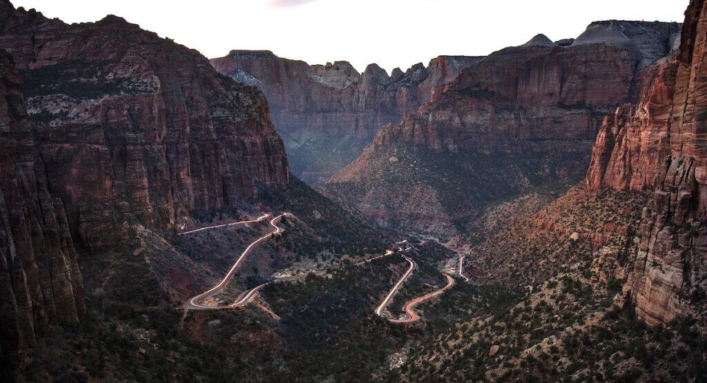 Zion-Mount Carmel highway snakes up the canyon toward the tunnel