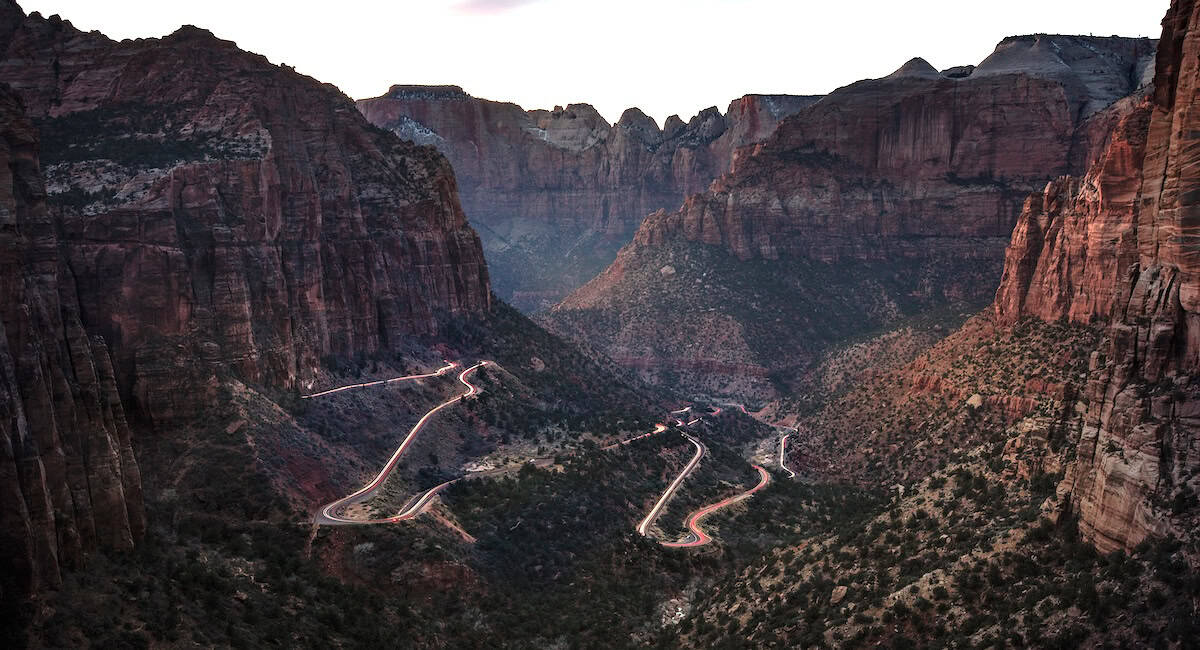 Zion-Mount Carmel highway snakes up the canyon toward the tunnel