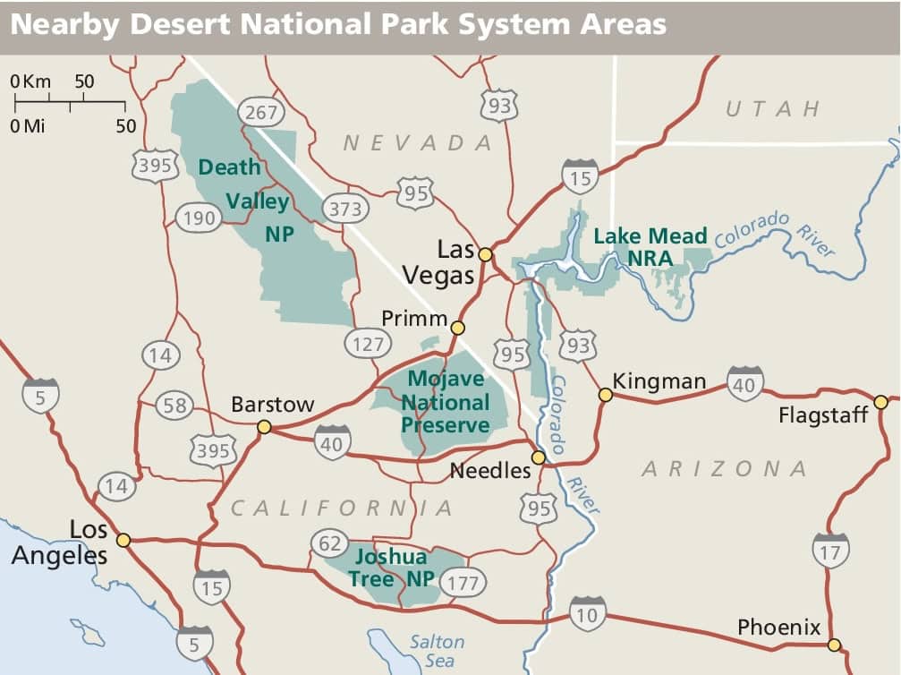a map of southern California, Arizona, and Nevada showing the locations of national park service site in the area